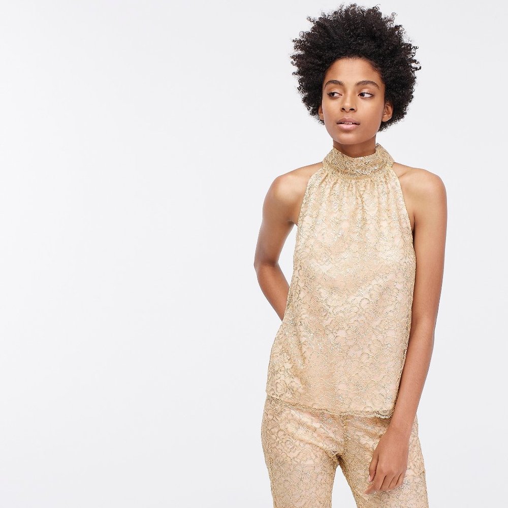 J. Crew Women's NWT Tie-Neck‎ Top in Metallic Lace